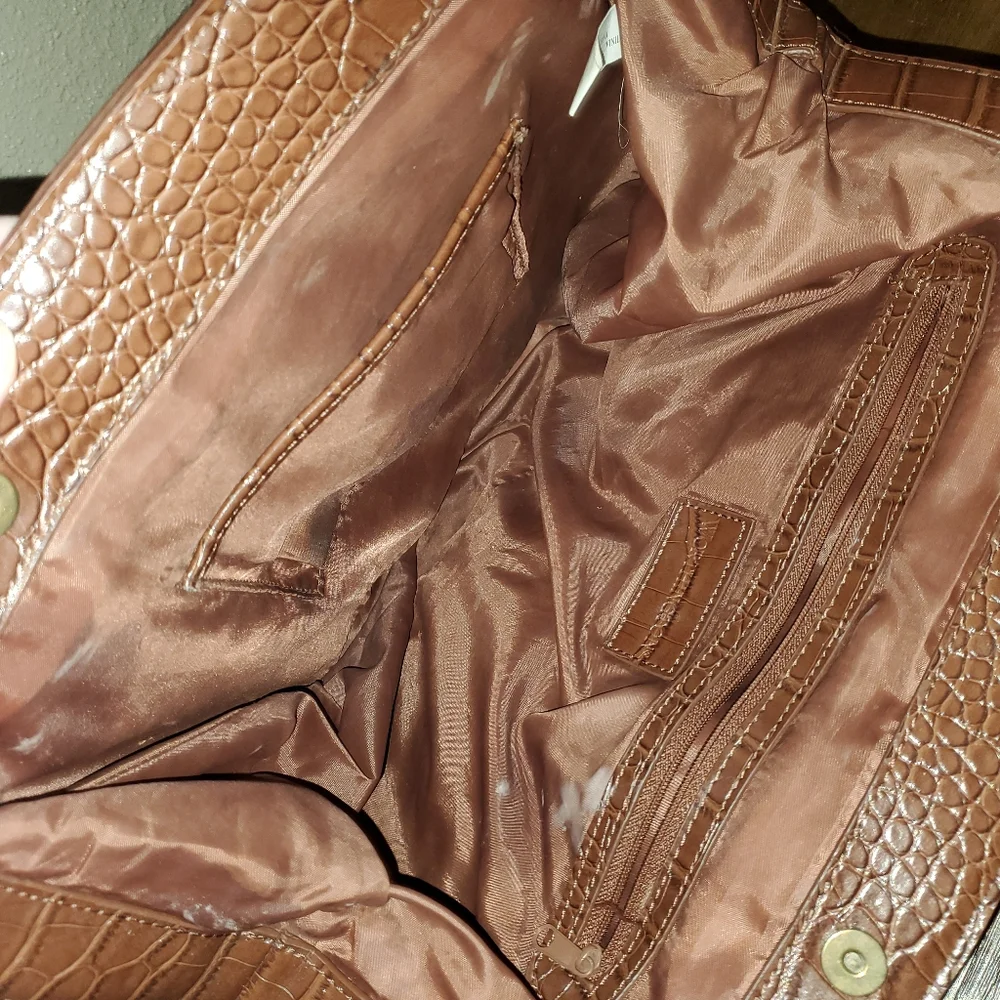 Women's Worthington Belted Satchel Handbag Purse Bag - Faux Croc Cognac Brown